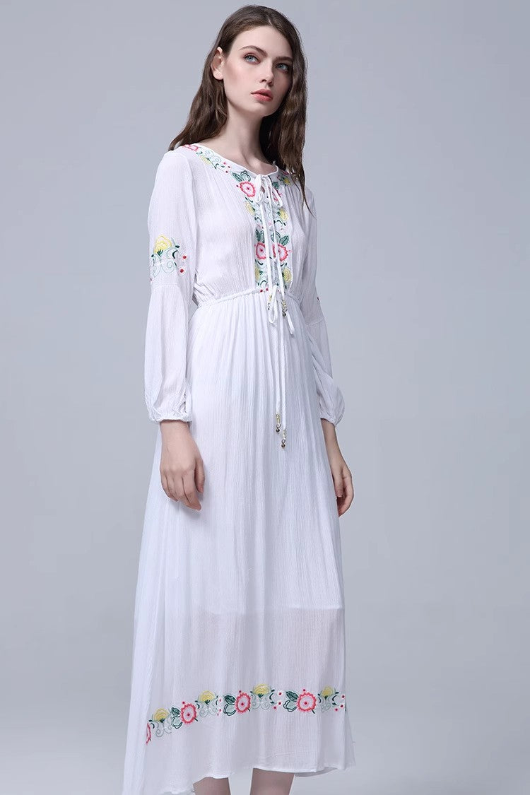 Elegant Bohemian Embroidered Flower Maxi Dress in - by Malbusaat