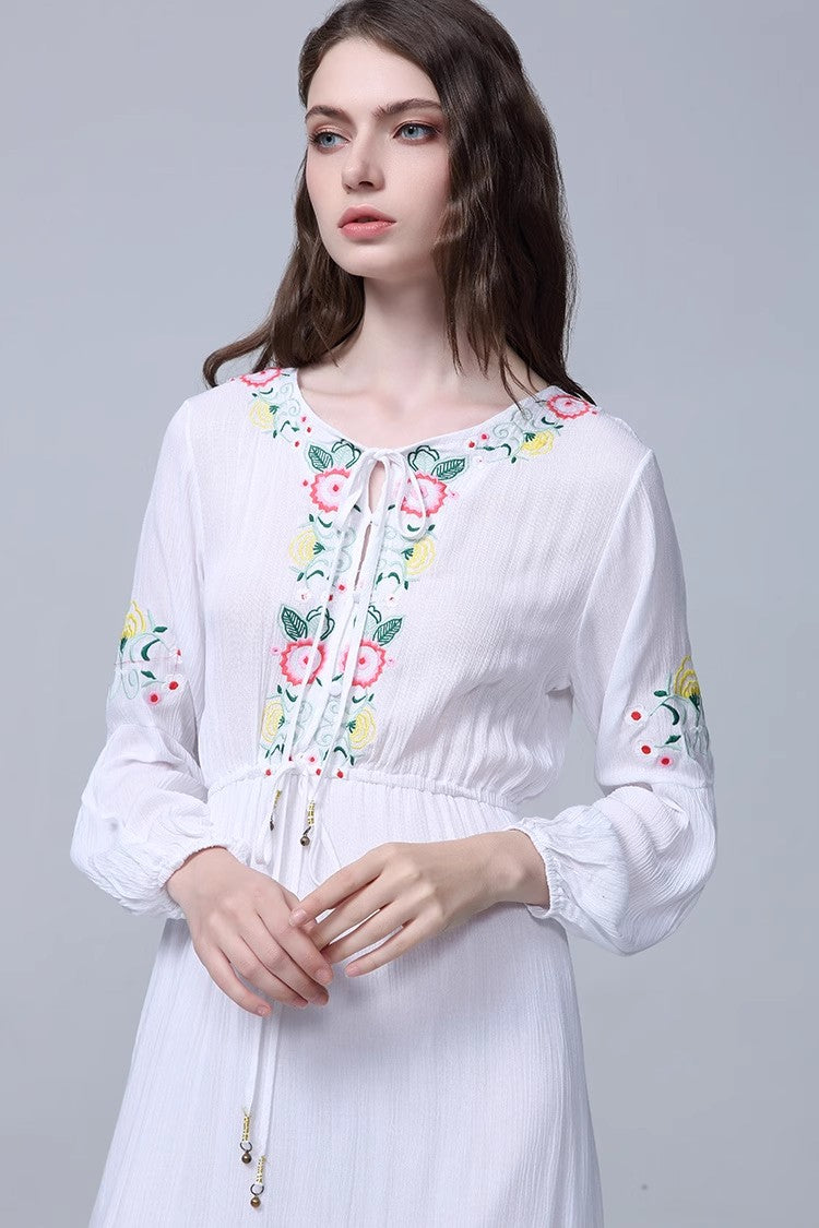 Elegant Bohemian Embroidered Flower Maxi Dress in - by Malbusaat