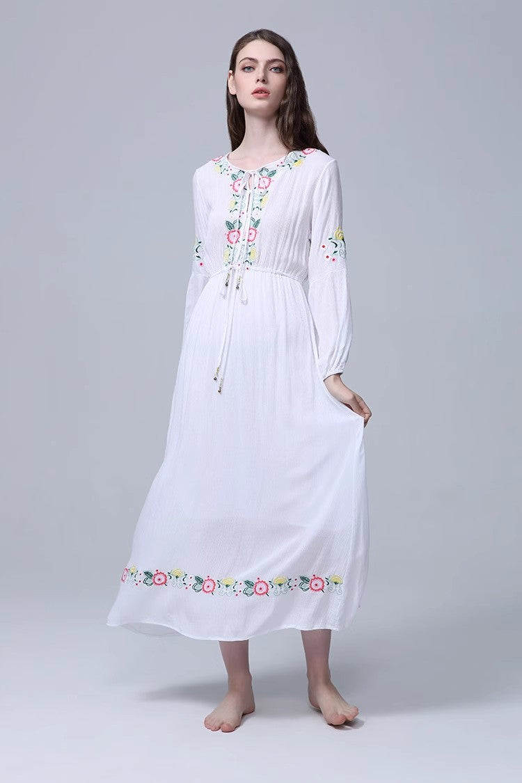 Elegant Bohemian Embroidered Flower Maxi Dress in - by Malbusaat