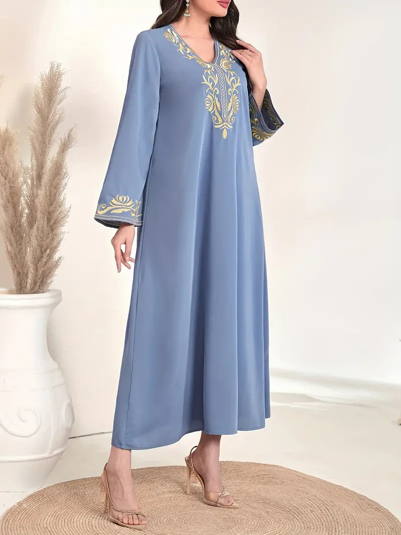 Elegant Embroidered A-Line Abaya Maxi Dress in - by Malbusaat