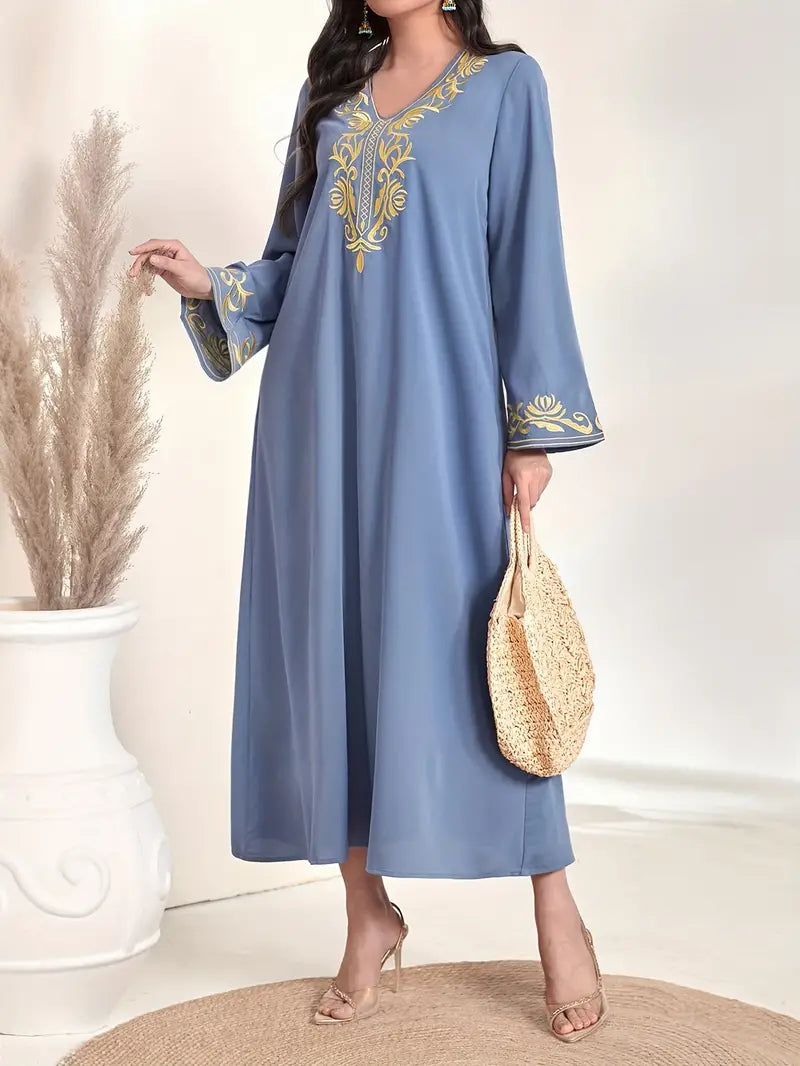 Elegant Embroidered A-Line Abaya Maxi Dress in - by Malbusaat