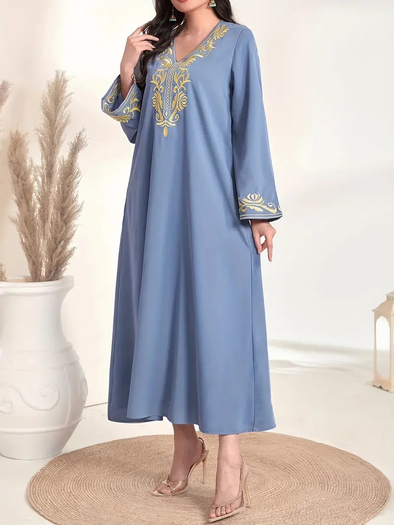 Elegant Embroidered A-Line Abaya Maxi Dress in - by Malbusaat
