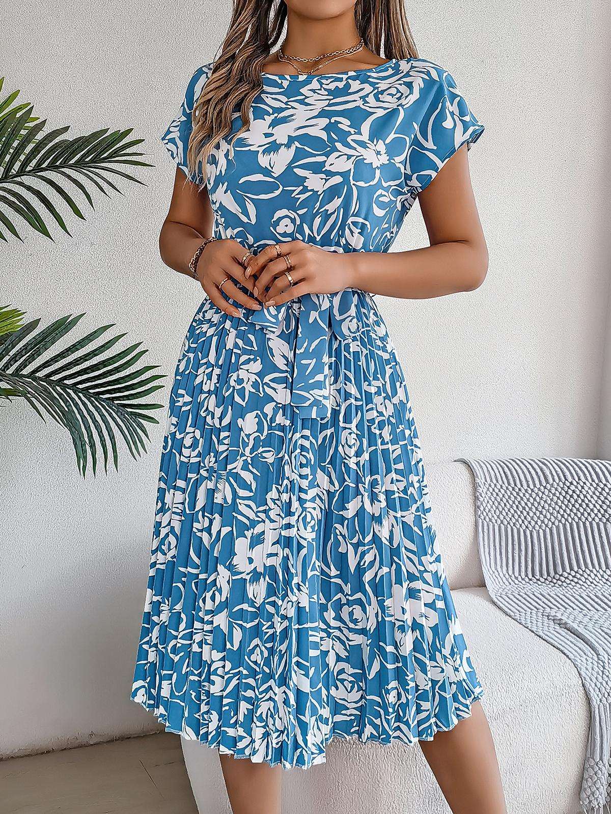 Elegant Floral Pleated Dress for Women in - by Malbusaat
