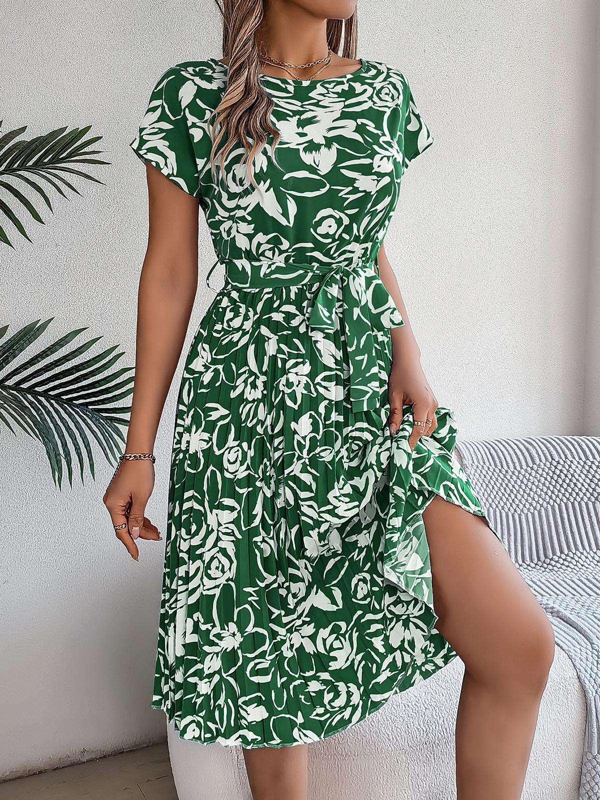 Elegant Floral Pleated Dress for Women in - by Malbusaat