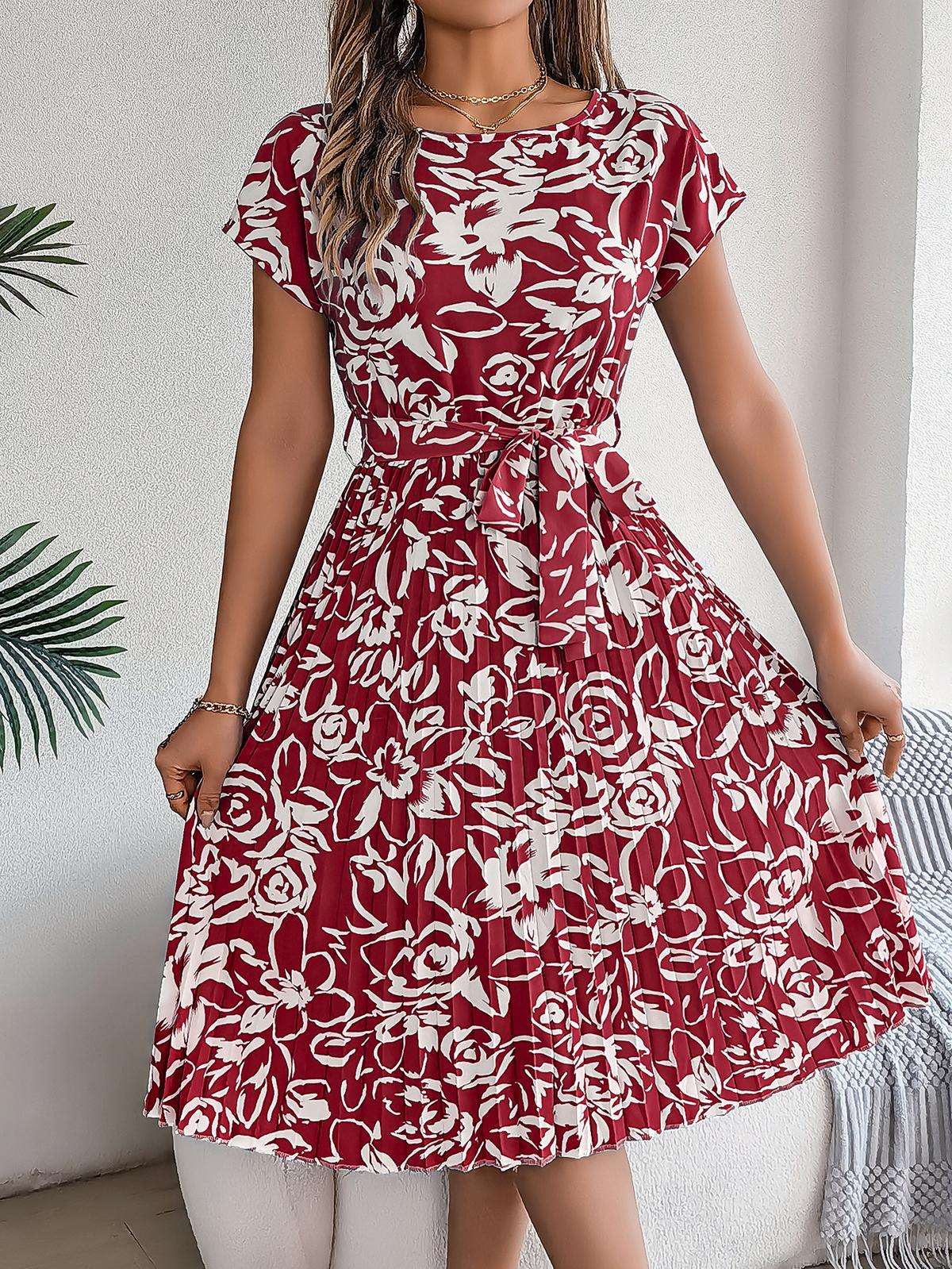 Elegant Floral Pleated Dress for Women in - by Malbusaat