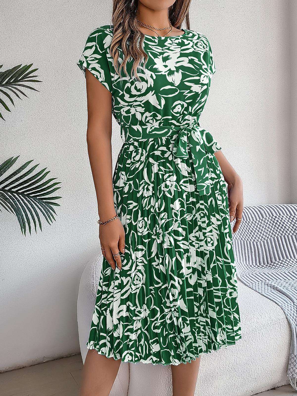 Elegant Floral Pleated Dress for Women in - by Malbusaat