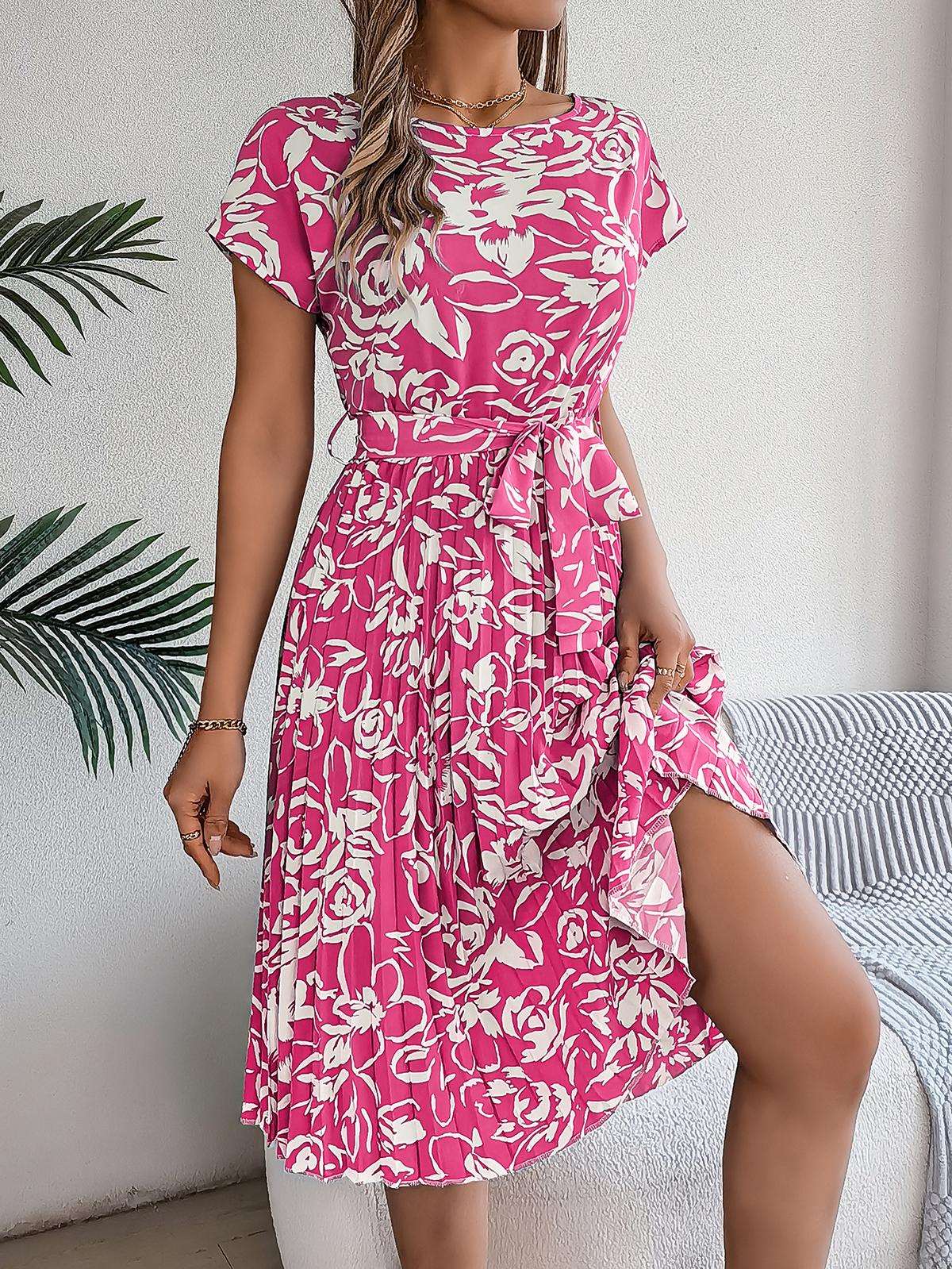 Elegant Floral Pleated Dress for Women in - by Malbusaat