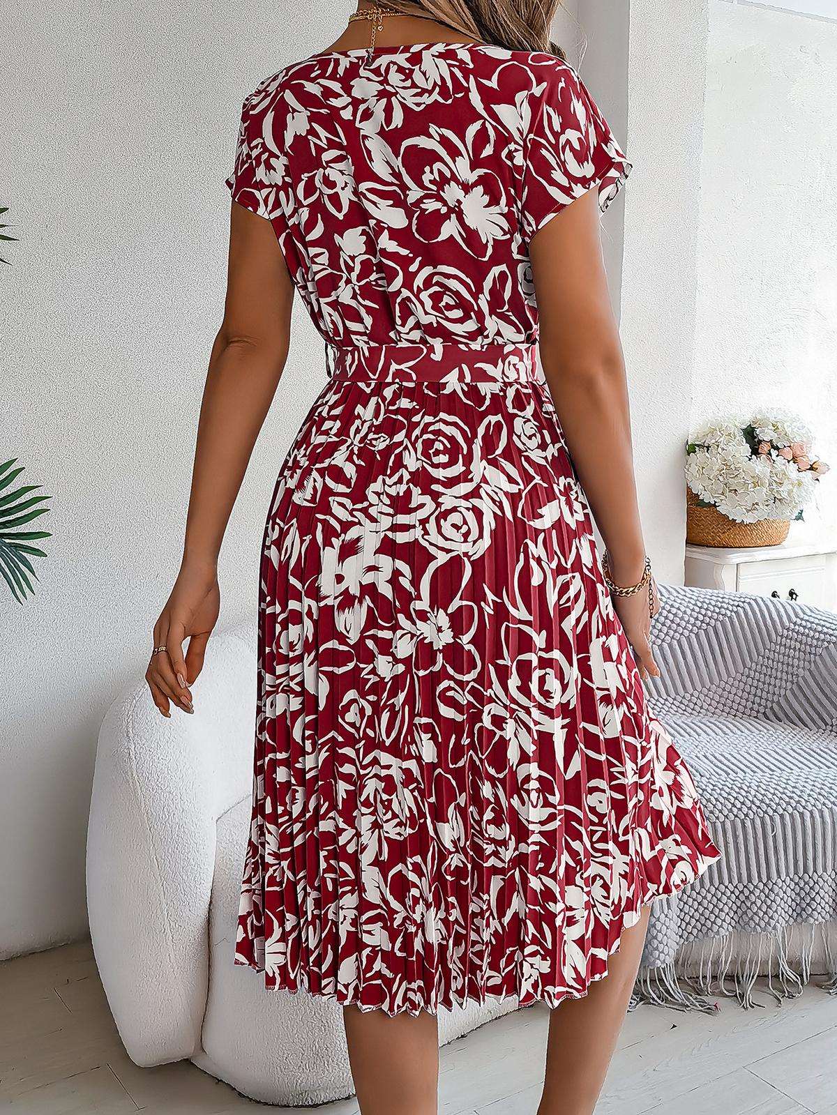 Elegant Floral Pleated Dress for Women in - by Malbusaat