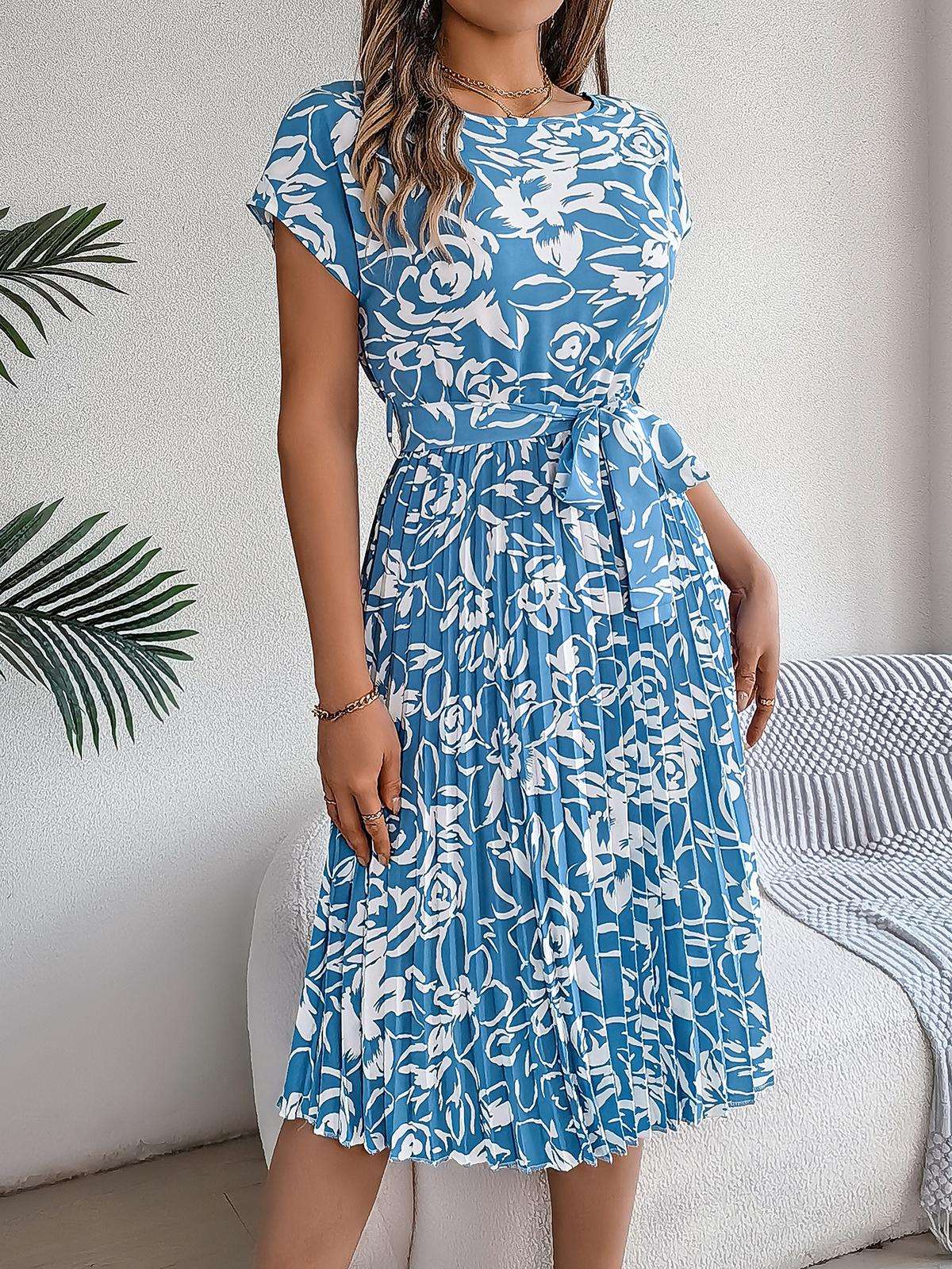 Elegant Floral Pleated Dress for Women in - by Malbusaat