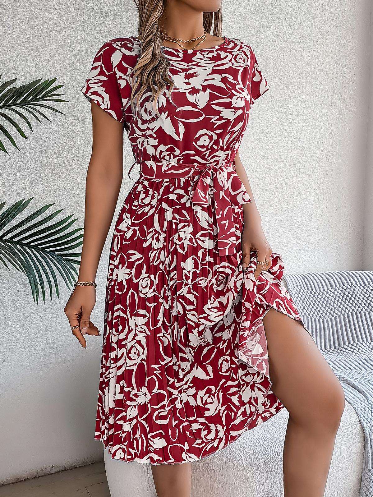 Elegant Floral Pleated Dress for Women in - by Malbusaat