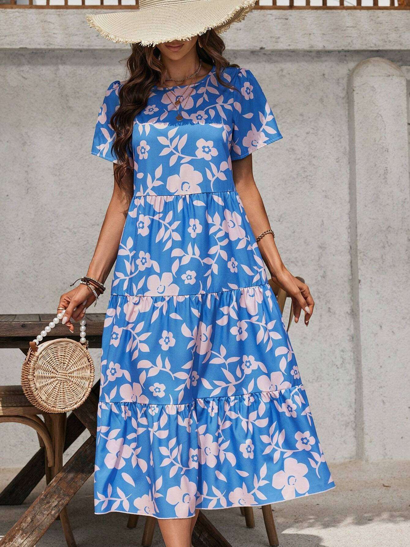 Elegant Floral Ruffled Maxi Dress in Blue - by Malbusaat