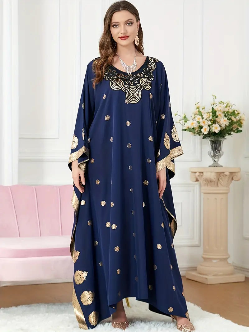 Elegant Graphic Print Maxi Kaftan Abaya Dress in One Size Navy - by Malbusaat