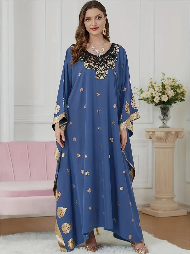 Elegant Graphic Print Maxi Kaftan Abaya Dress in One Size Blue - by Malbusaat