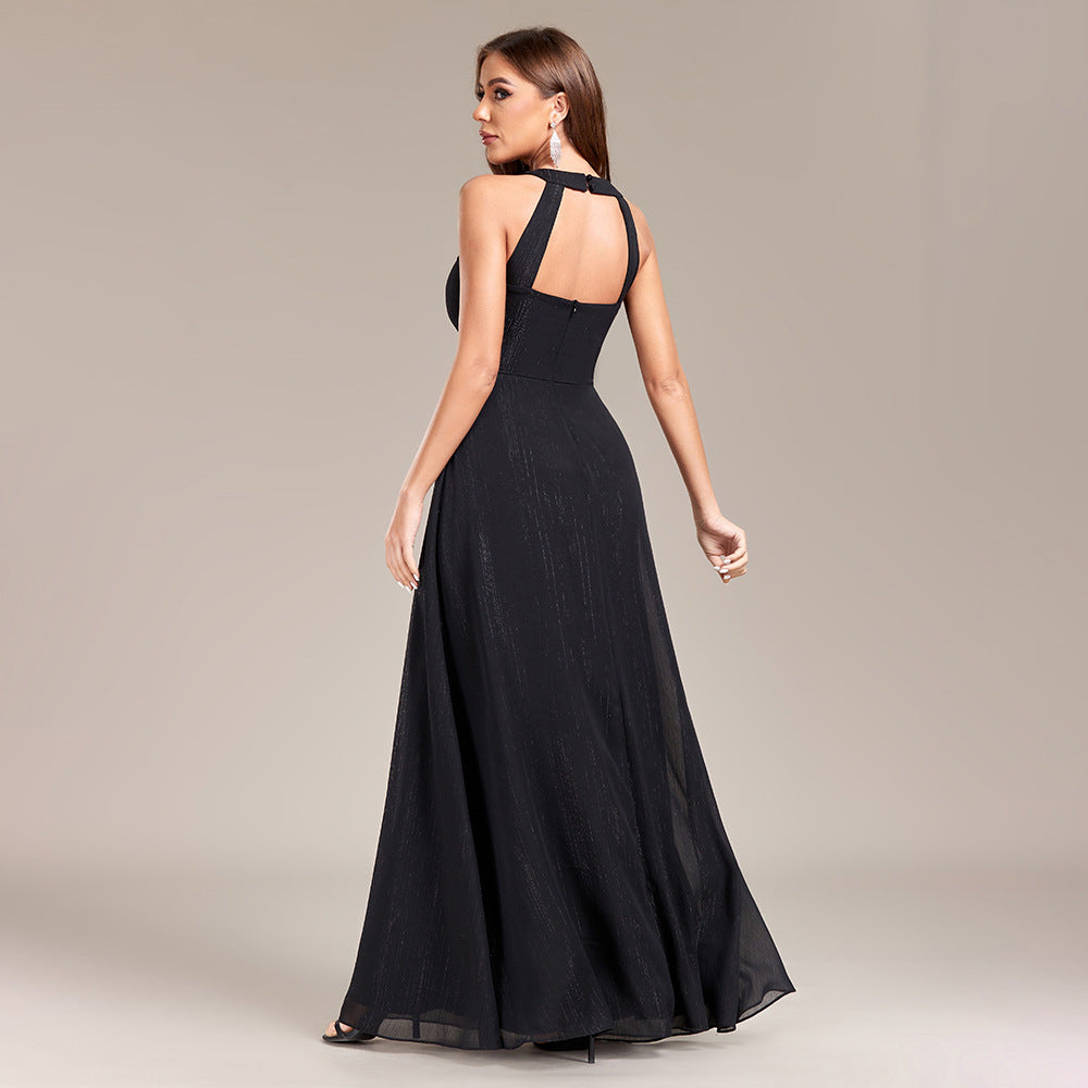 Elegant Halter Backless Black Evening Dress in - by Malbusaat