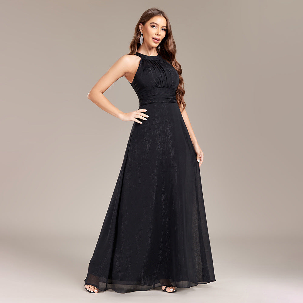 Elegant Halter Backless Black Evening Dress in - by Malbusaat
