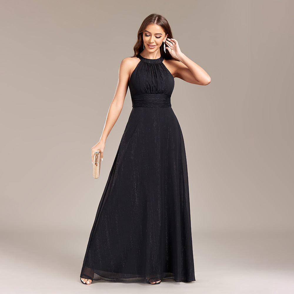 Elegant Halter Backless Black Evening Dress in Black - by Malbusaat