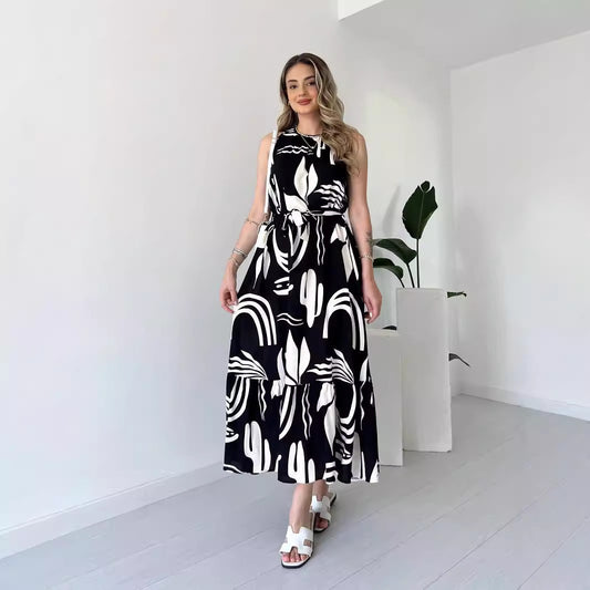 Elegant Irregular Asymmetric Pattern Print High Waist Dress in - by Malbusaat