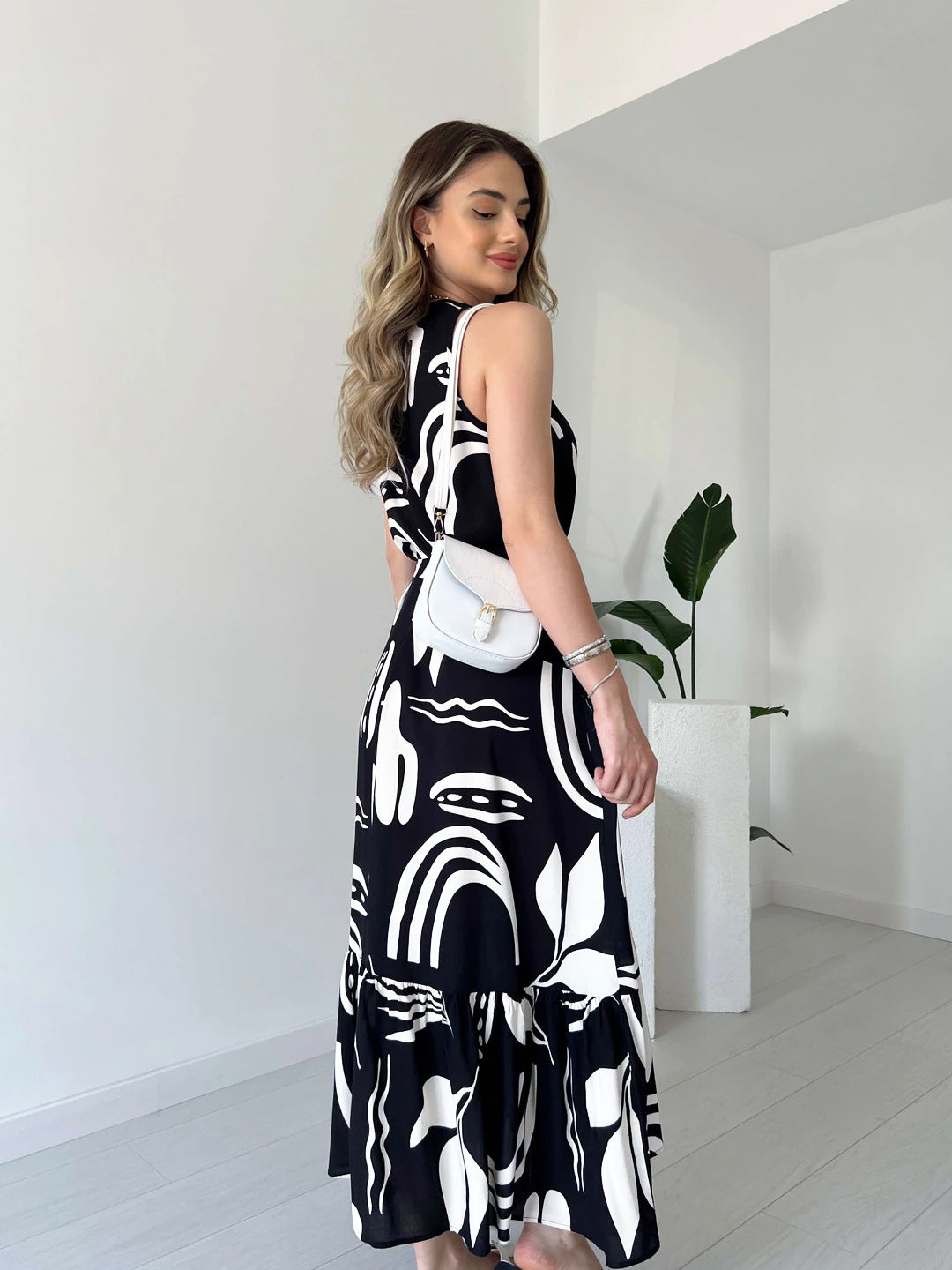 Elegant Irregular Asymmetric Pattern Print High Waist Dress in - by Malbusaat