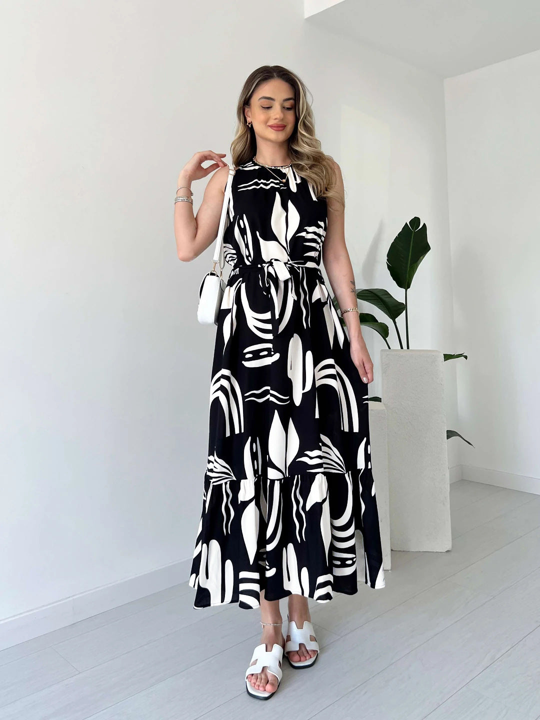 Elegant Irregular Asymmetric Pattern Print High Waist Dress in - by Malbusaat