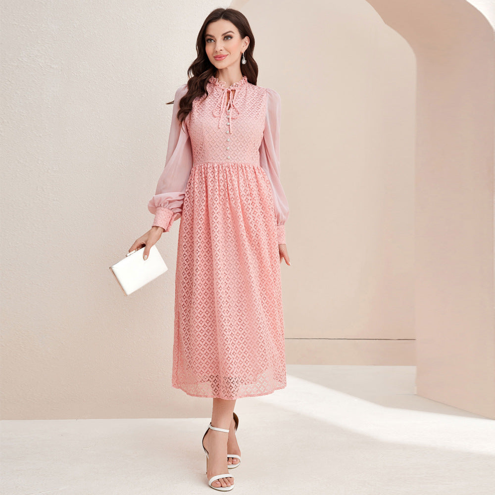Elegant Lace Waist Dress with Stitched Sleeves in - by Malbusaat