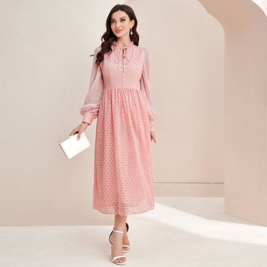 Elegant Lace Waist Dress with Stitched Sleeves in - by Malbusaat