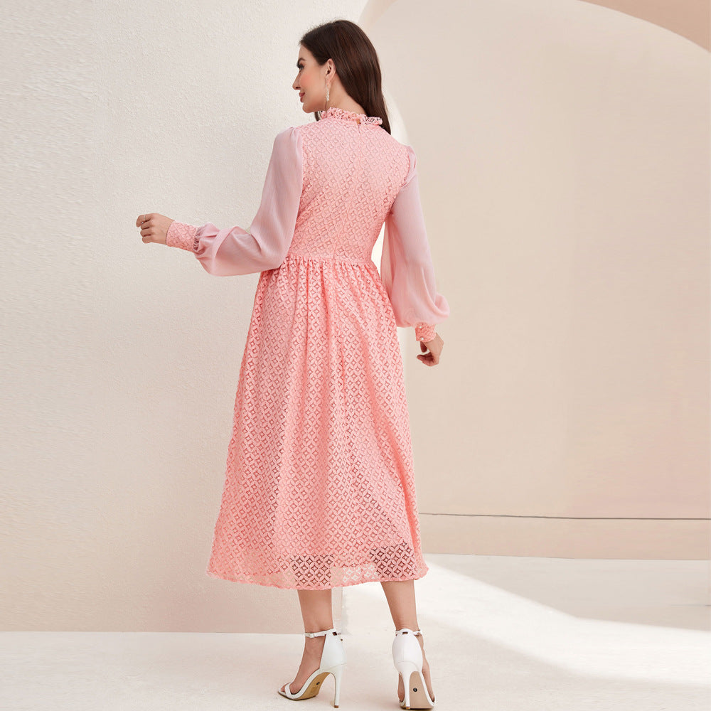 Elegant Lace Waist Dress with Stitched Sleeves in - by Malbusaat