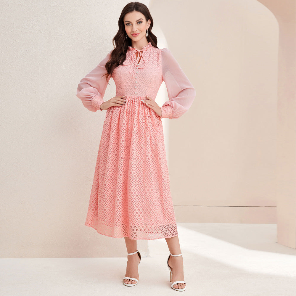 Elegant Lace Waist Dress with Stitched Sleeves in - by Malbusaat