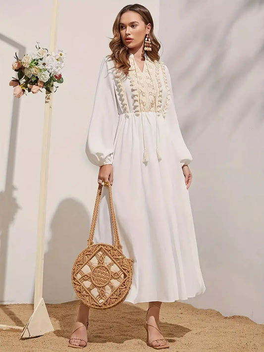 Elegant Long Sleeve V-Neck Cinched Waist Dress in - by Malbusaat