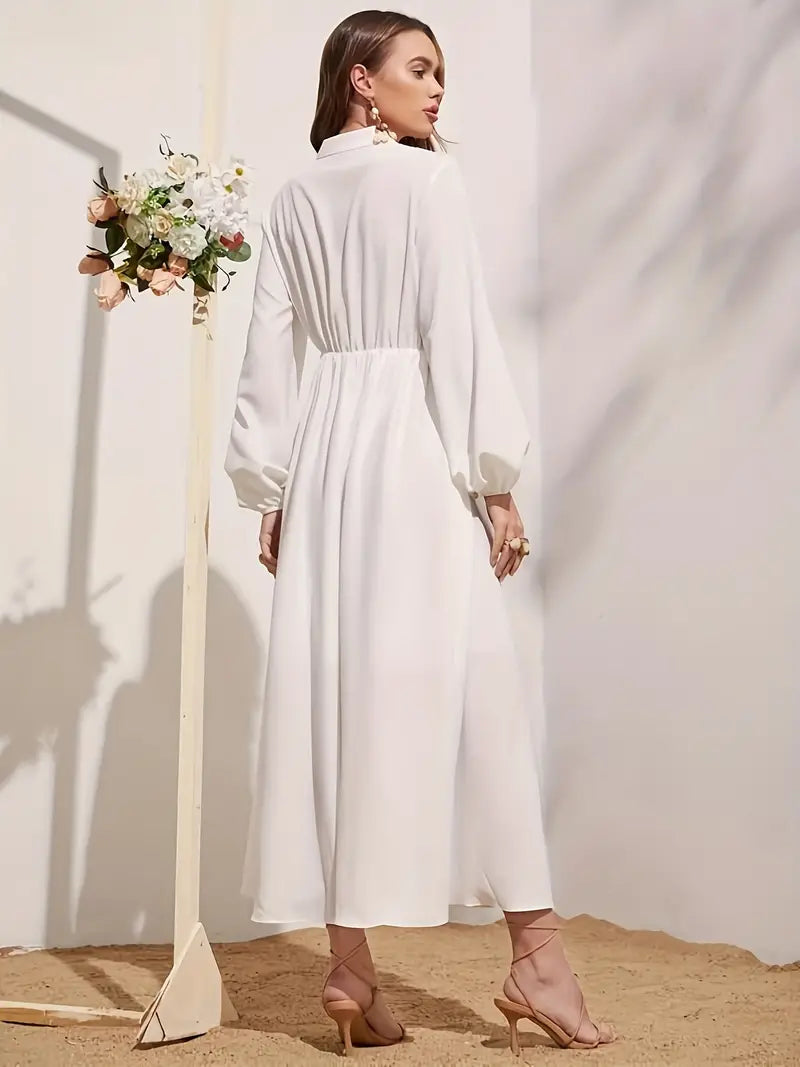 Elegant Long Sleeve V-Neck Cinched Waist Dress in - by Malbusaat