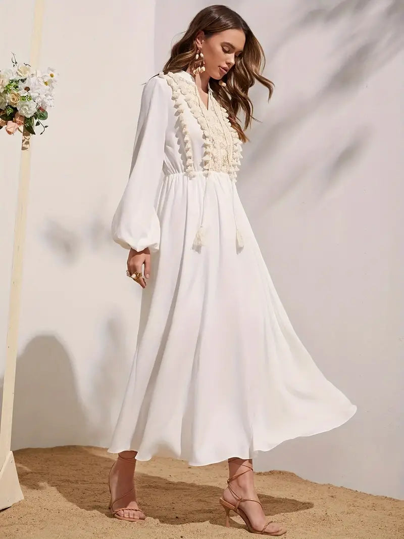 Elegant Long Sleeve V-Neck Cinched Waist Dress in - by Malbusaat
