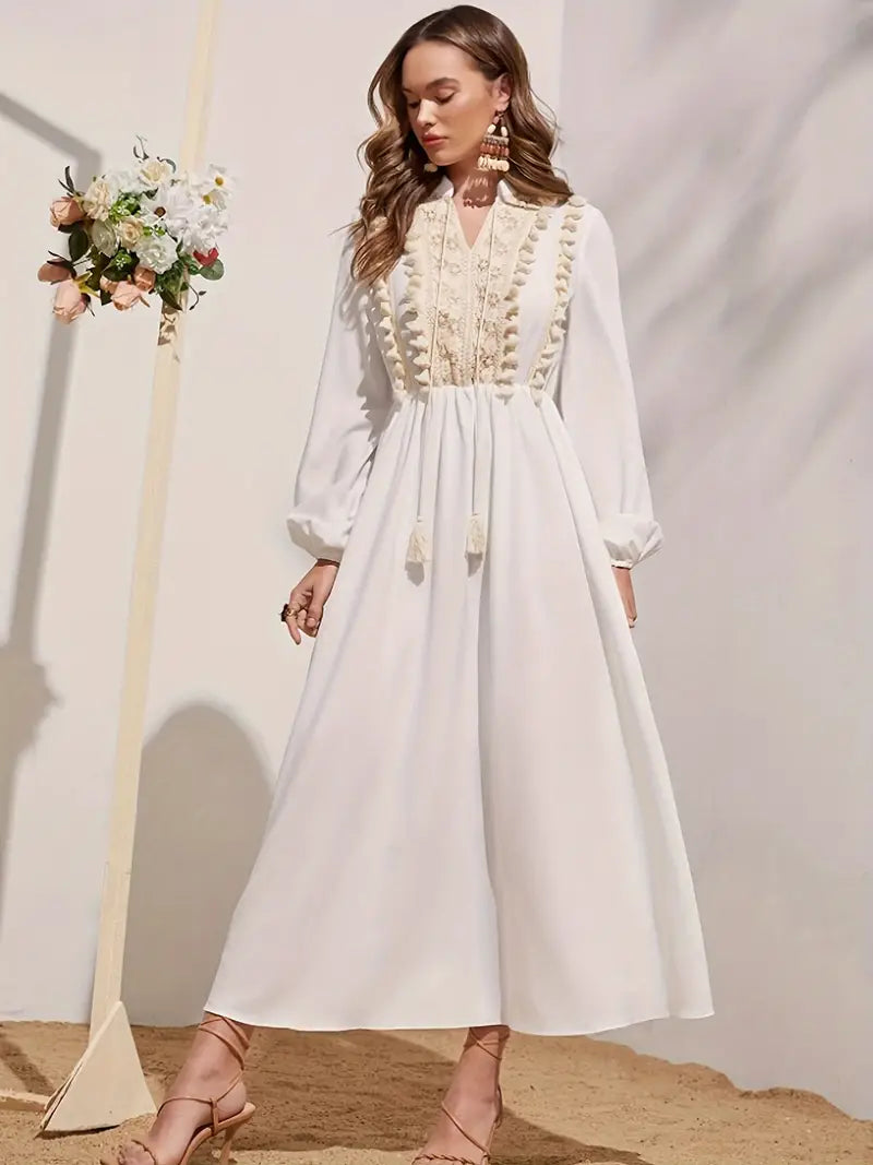 Elegant Long Sleeve V-Neck Cinched Waist Dress in - by Malbusaat