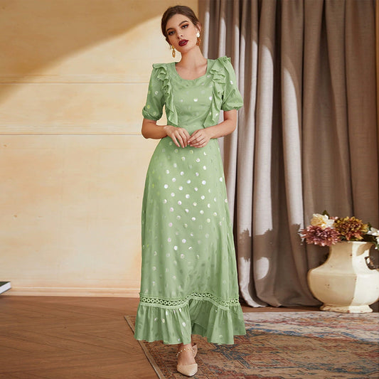 Elegant Lotus Edge Polka Dot Maxi in Light Green - by Malbusaat
