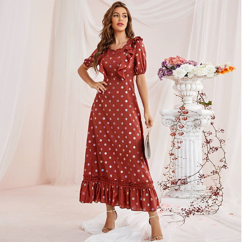 Elegant Lotus Edge Polka Dot Maxi in Burgundy - by Malbusaat