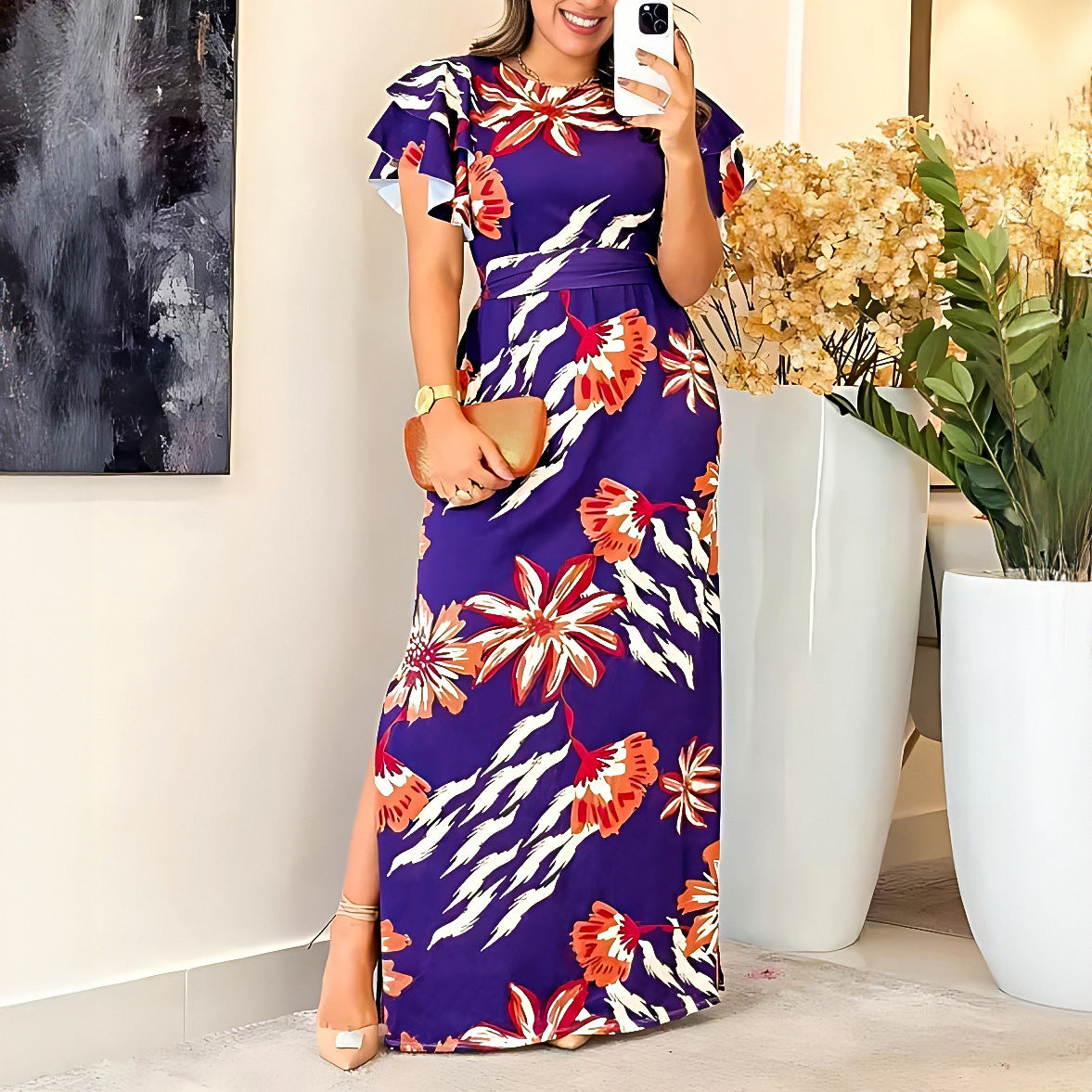 Elegant Maxi Dress with Ruffle Sleeves and Waist Tie in - by Malbusaat