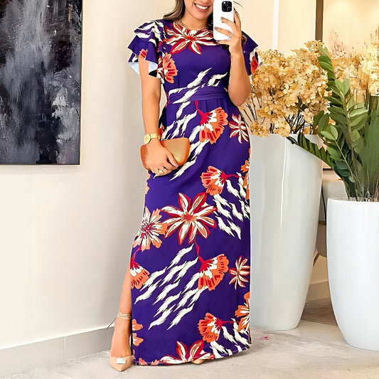 Elegant Maxi Dress with Ruffle Sleeves and Waist Tie in - by Malbusaat