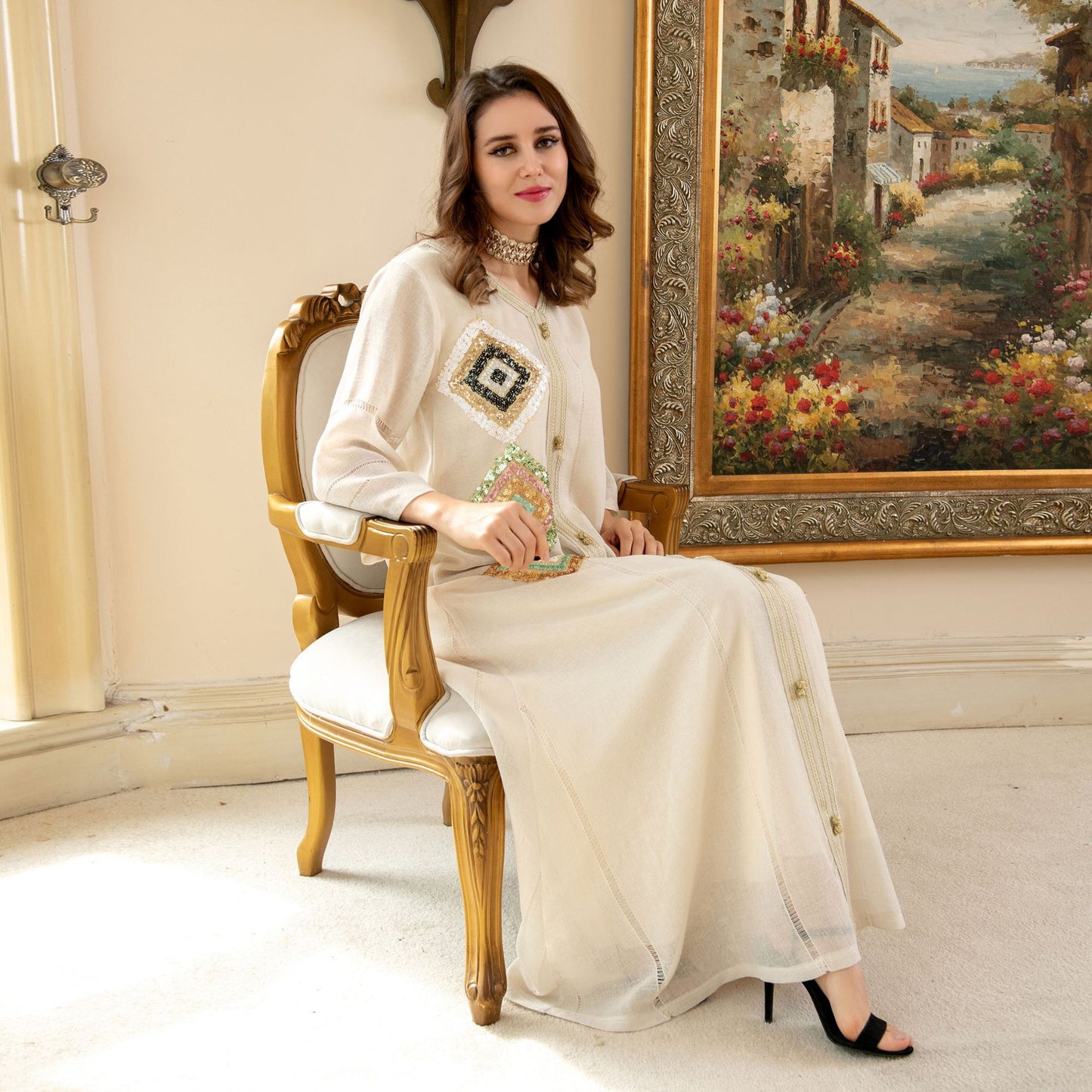 Elegant Muslim Cotton Linen Sequin Embroidery Maxi Dress in - by Malbusaat