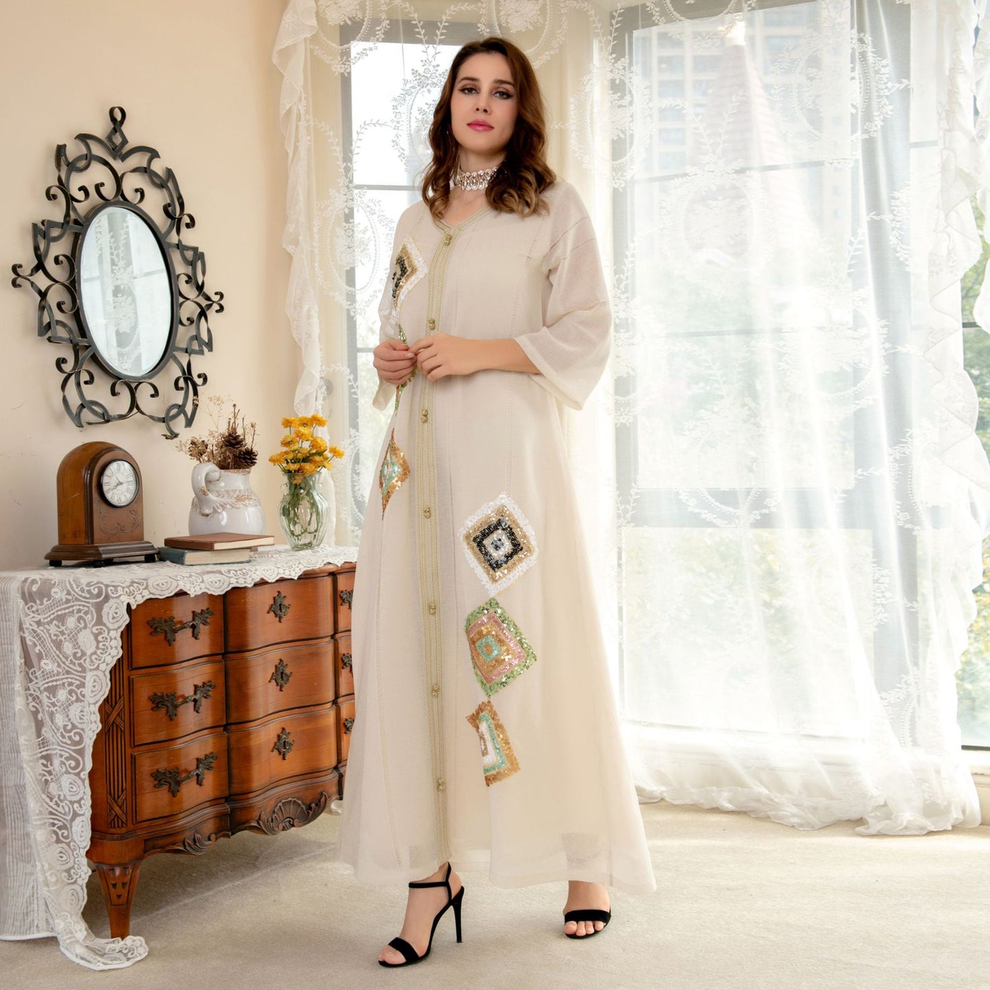Elegant Muslim Cotton Linen Sequin Embroidery Maxi Dress in - by Malbusaat