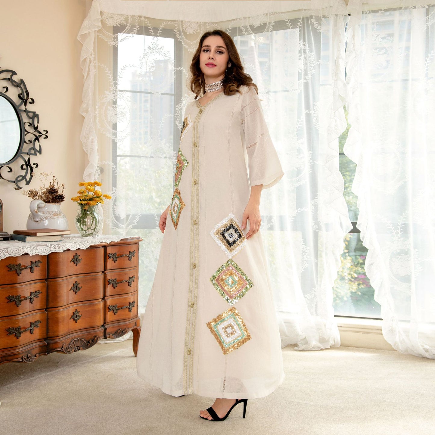Elegant Muslim Cotton Linen Sequin Embroidery Maxi Dress in - by Malbusaat