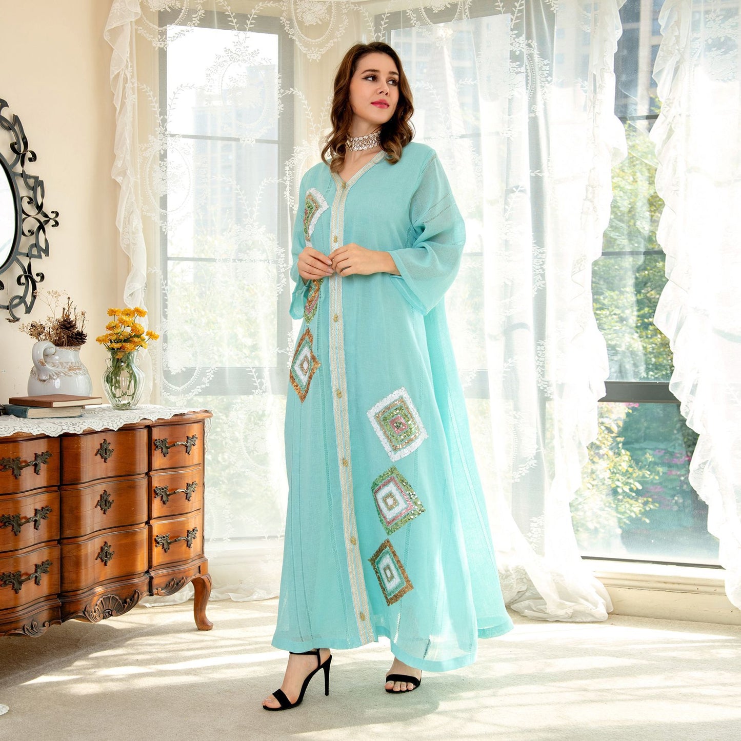 Elegant Muslim Cotton Linen Sequin Embroidery Maxi Dress in Light Blue - by Malbusaat