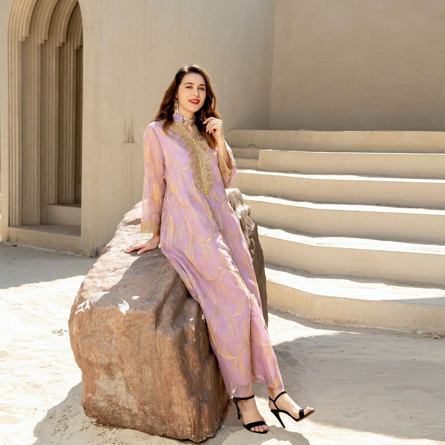 Elegant Muslim Spring Summer Abaya Maxi Dress in - by Malbusaat