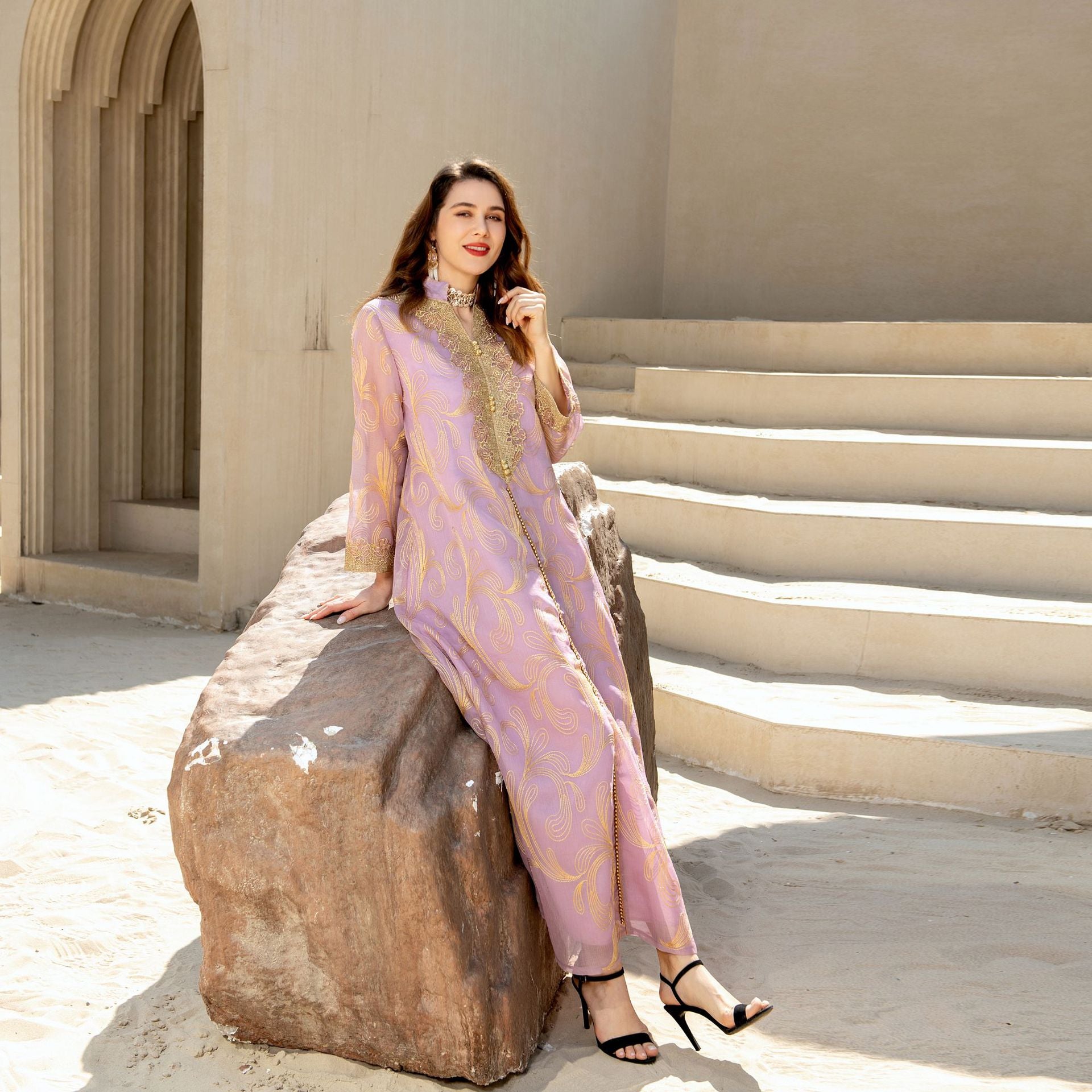 Elegant Muslim Spring Summer Abaya Maxi Dress in - by Malbusaat