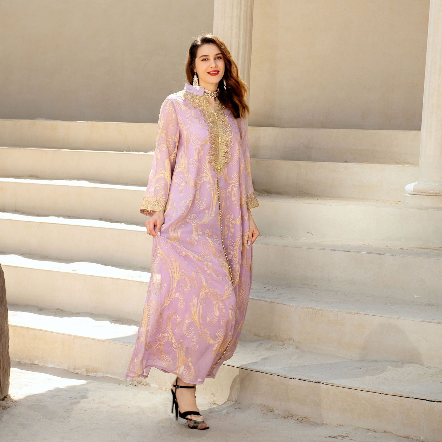 Elegant Muslim Spring Summer Abaya Maxi Dress in Lavender - by Malbusaat