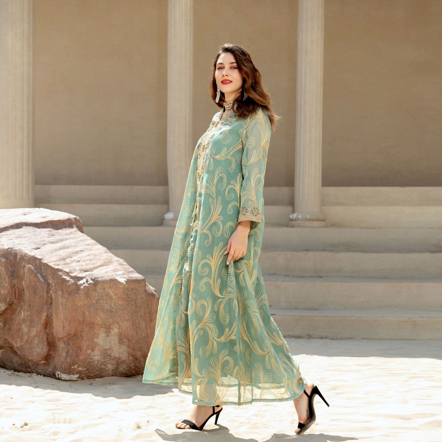 Elegant Muslim Spring Summer Abaya Maxi Dress in Green - by Malbusaat