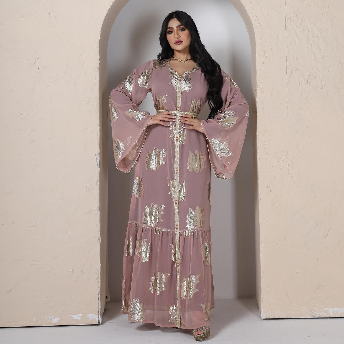 Elegant Plus Size Bronzing Chiffon Maxi in Pink - by Malbusaat