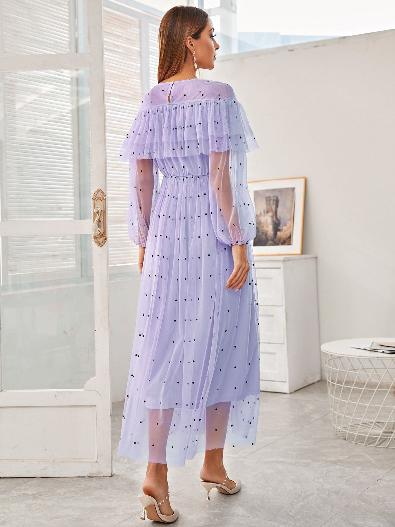 Elegant Polka Dot Mesh Maxi Dress in - by Malbusaat
