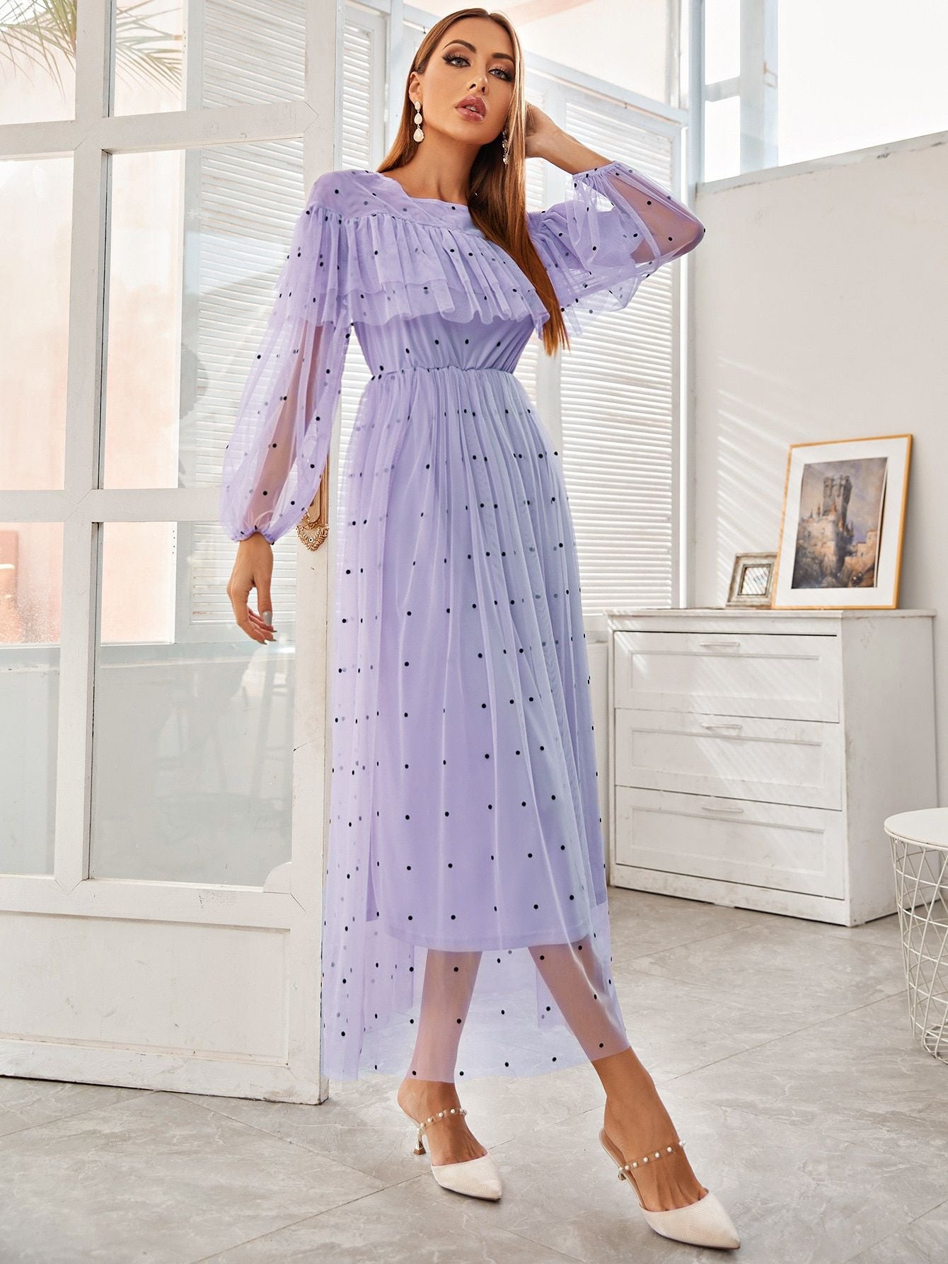 Elegant Polka Dot Mesh Maxi Dress in - by Malbusaat