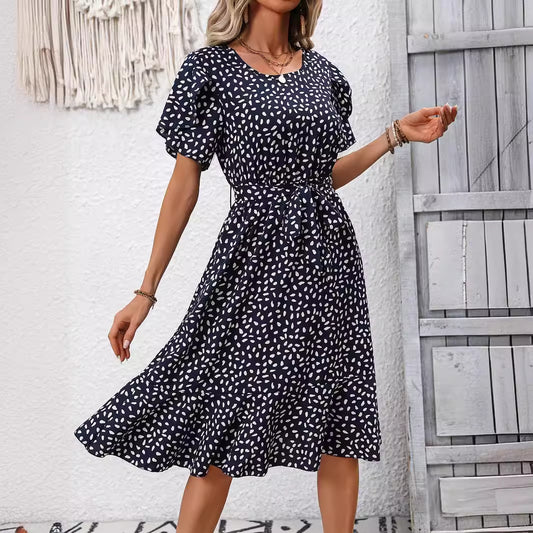 Elegant Printed Midi Dress with Waist Control in - by Malbusaat