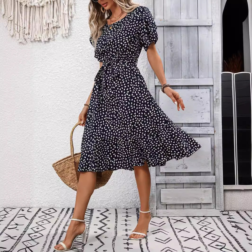 Elegant Printed Midi Dress with Waist Control in - by Malbusaat