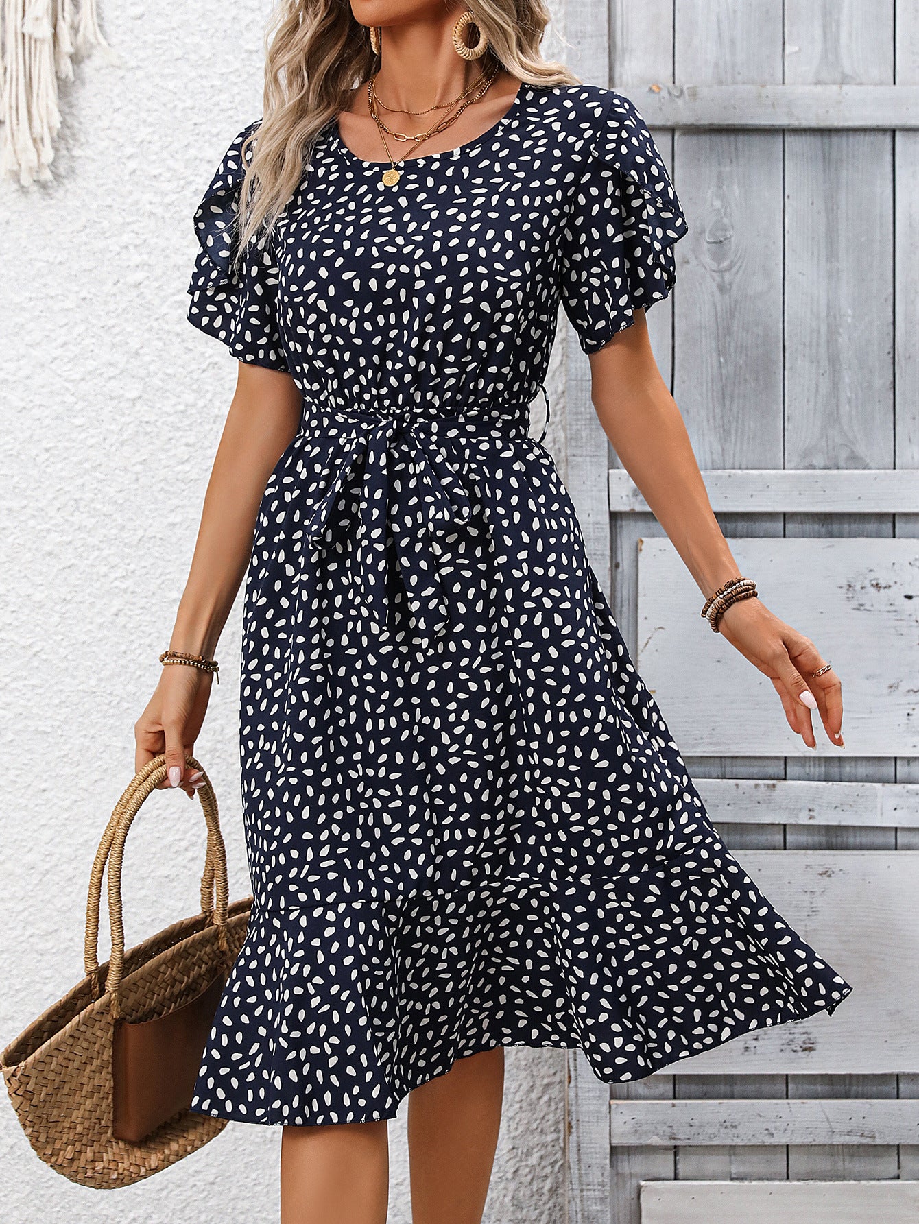 Elegant Printed Midi Dress with Waist Control in - by Malbusaat