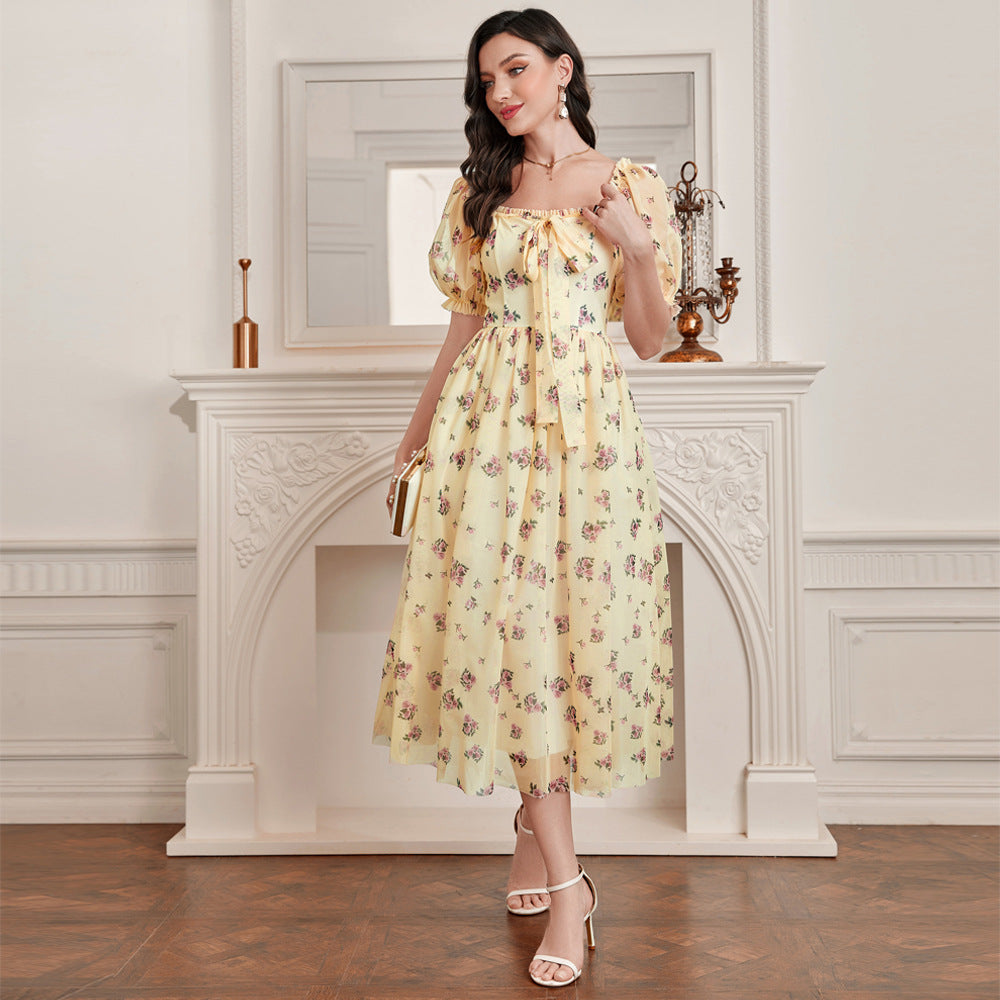 Elegant Puff Sleeve High Waist Dress in - by Malbusaat